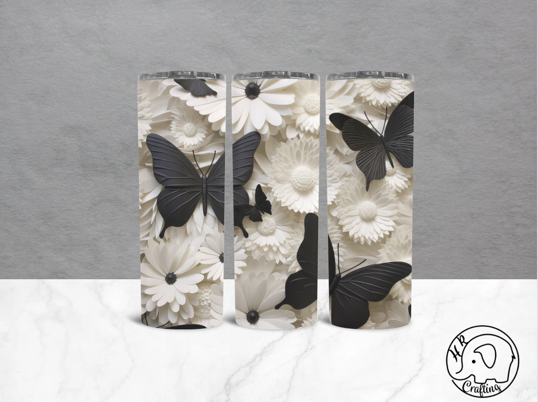 3D Black Butterflies and White Flowers